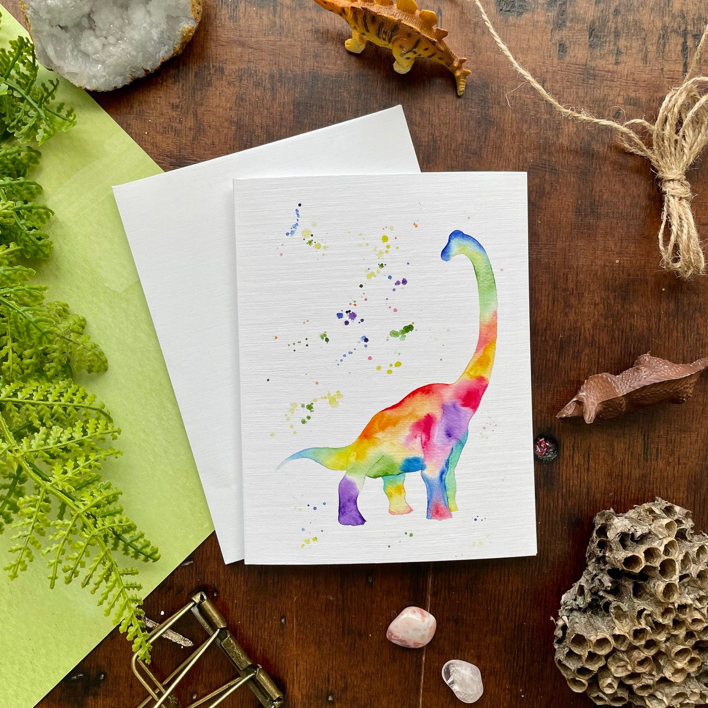 Rainbow Brachiosaurus Watercolor Card