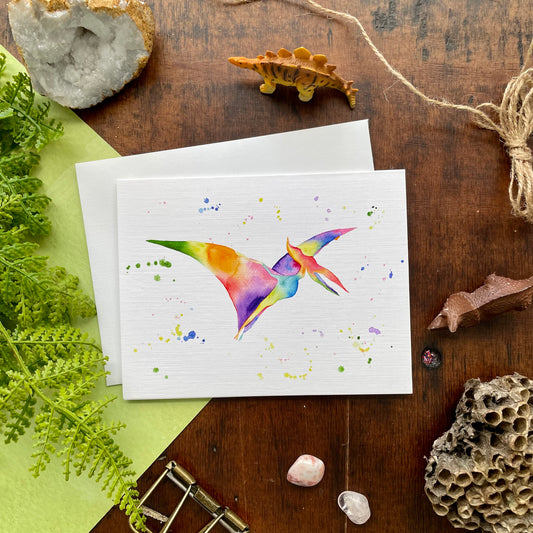 Rainbow Pterodactyl Watercolor Card