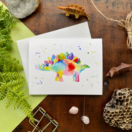 Rainbow Stegosaurus Watercolor Card