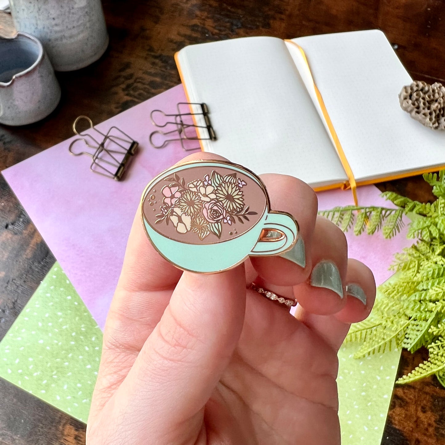 Mint Floral Coffee Cup Enamel Pin